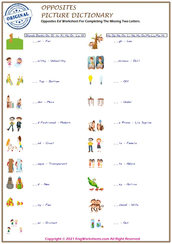 Opposites Esl Worksheet For Completing The Missing Two Letters. Worksheet Preview