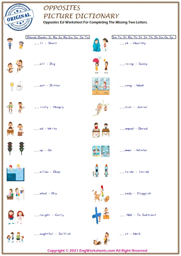 Opposites Esl Worksheet For Completing The Missing Two Letters. Worksheet Preview