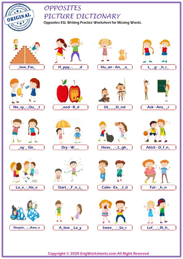Opposites ESL Writing Practice Worksheet for Missing Words. Worksheet Preview