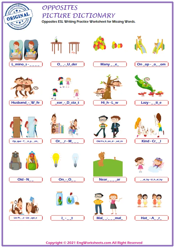 Opposites ESL Writing Practice Worksheet for Missing Words. Worksheet Preview