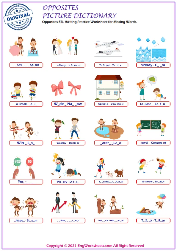 Opposites ESL Writing Practice Worksheet for Missing Words. Worksheet Preview