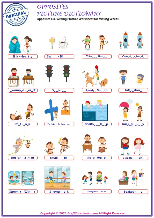 Opposites ESL Writing Practice Worksheet for Missing Words. Worksheet Preview