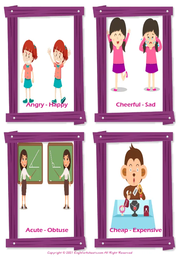 Opposites vocabulary worksheet with words, four images per page Worksheet Preview