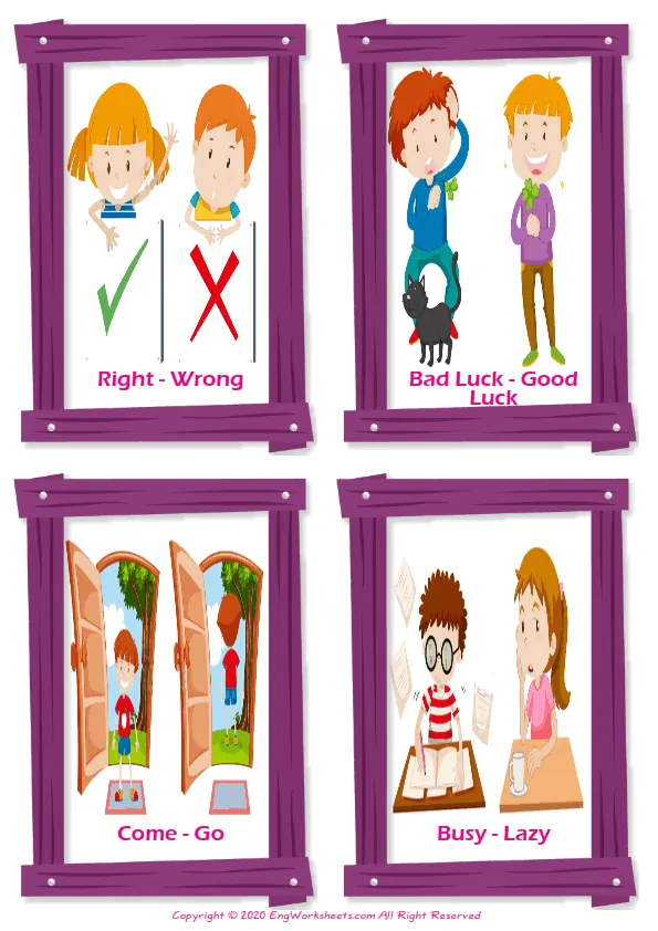 Opposites vocabulary worksheet with words, four images per page Worksheet Preview