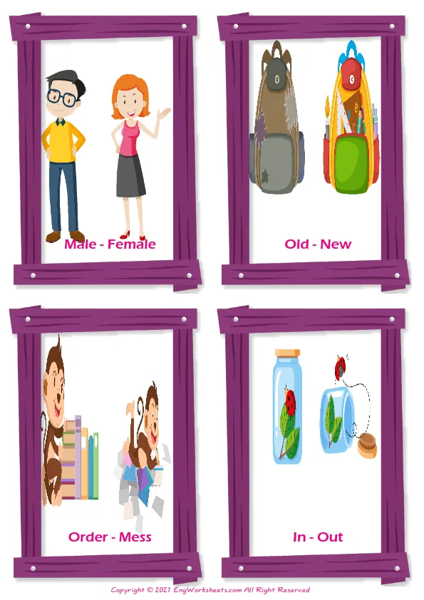 Opposites vocabulary worksheet with words, four images per page Worksheet Preview