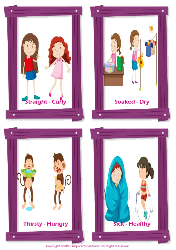 Opposites vocabulary worksheet with words, four images per page Worksheet Preview