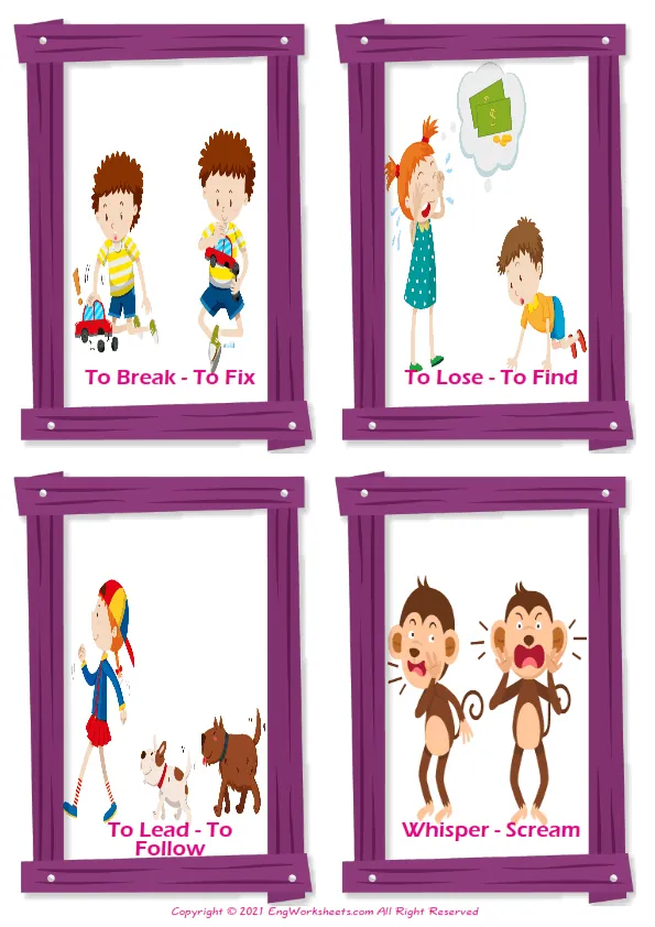 Opposites vocabulary worksheet with words, four images per page Worksheet Preview