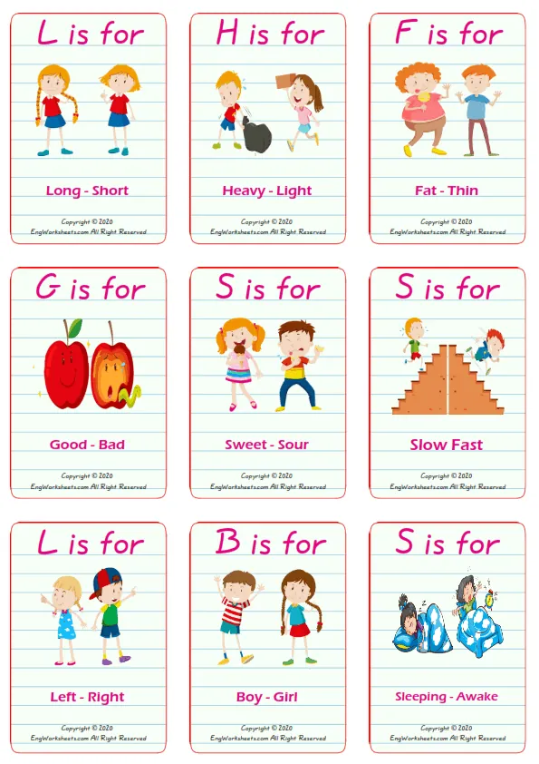 Opposites vocabulary worksheet with words, nine images per page Worksheet Preview