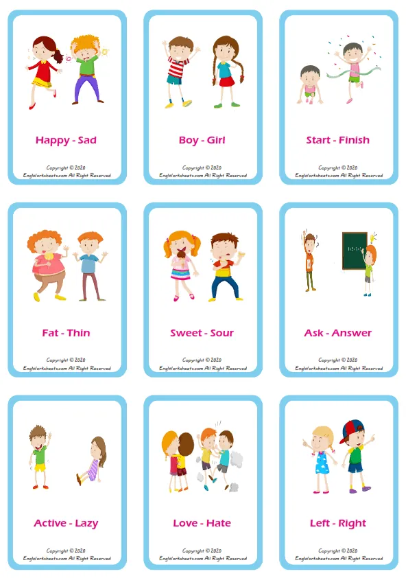 Opposites vocabulary worksheet with words, nine images per page Worksheet Preview