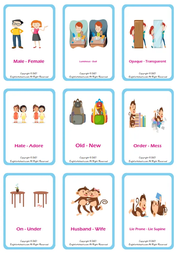 Opposites vocabulary worksheet with words, nine images per page Worksheet Preview