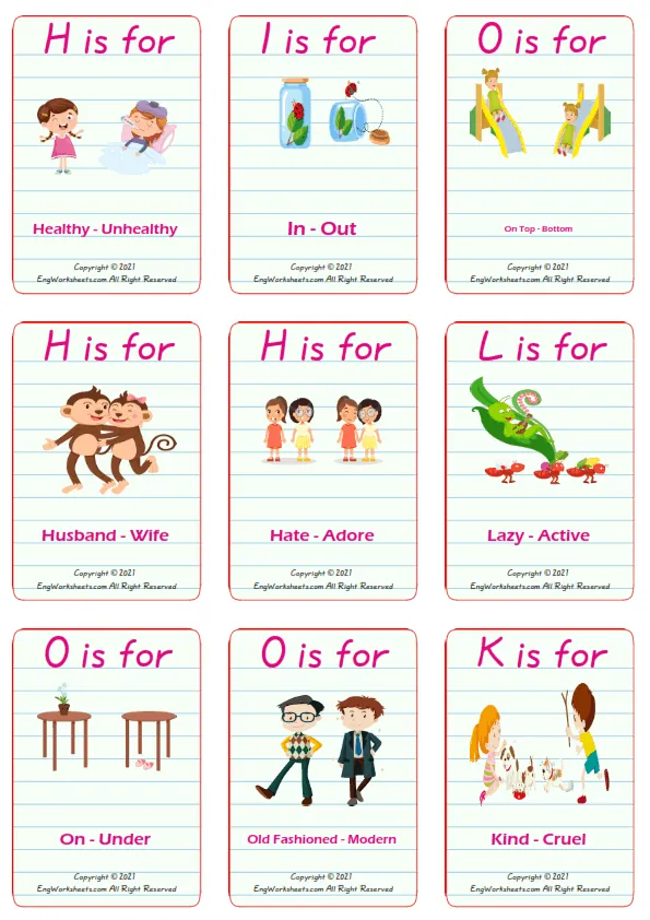 Opposites vocabulary worksheet with words, nine images per page Worksheet Preview