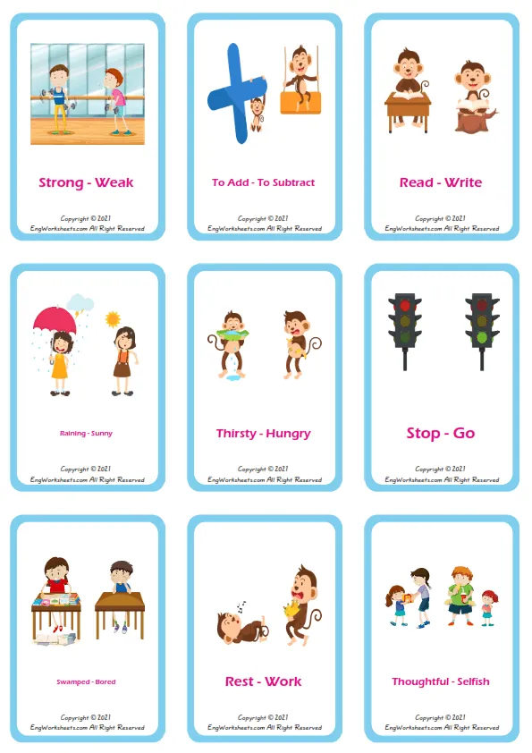Opposites vocabulary worksheet with words, nine images per page Worksheet Preview