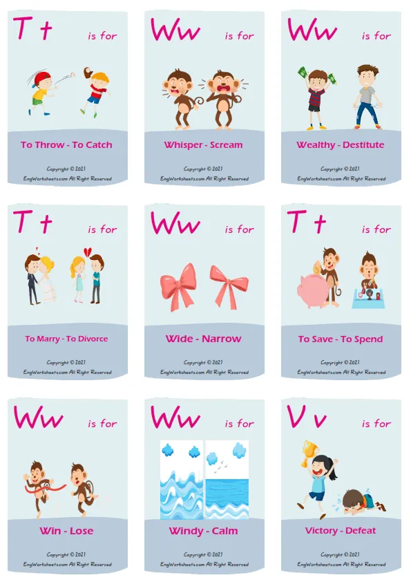 Opposites vocabulary worksheet with words, nine images per page Worksheet Preview