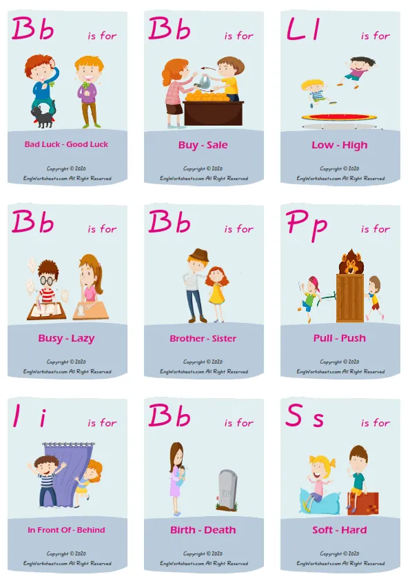 Opposites vocabulary worksheet with words, nine images per page Worksheet Preview