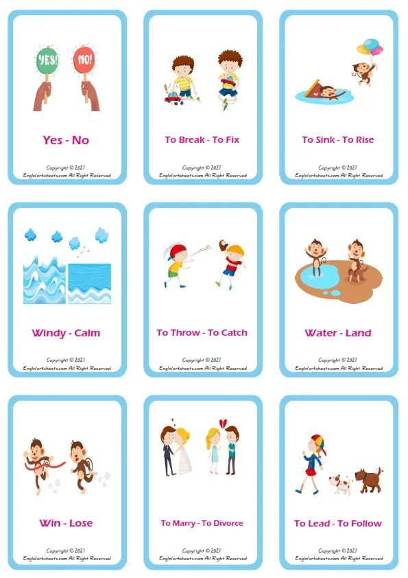 Opposites vocabulary worksheet with words, nine images per page Worksheet Preview