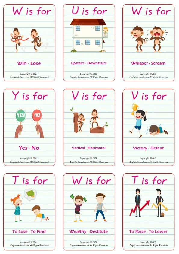 Opposites vocabulary worksheet with words, nine images per page Worksheet Preview