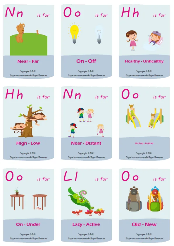 Opposites vocabulary worksheet with words, nine images per page Worksheet Preview