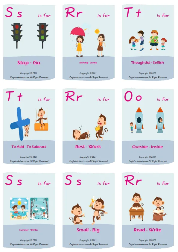 Opposites vocabulary worksheet with words, nine images per page Worksheet Preview