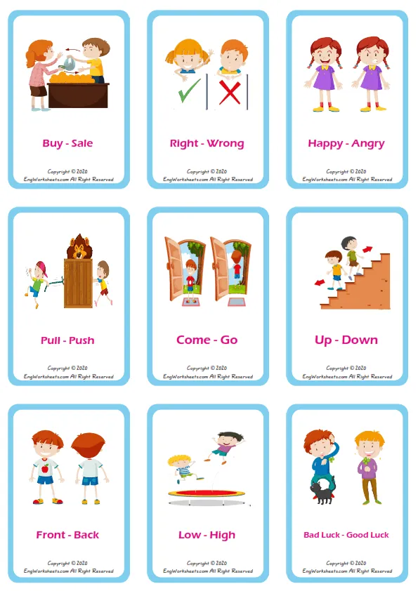 Opposites vocabulary worksheet with words, nine images per page Worksheet Preview