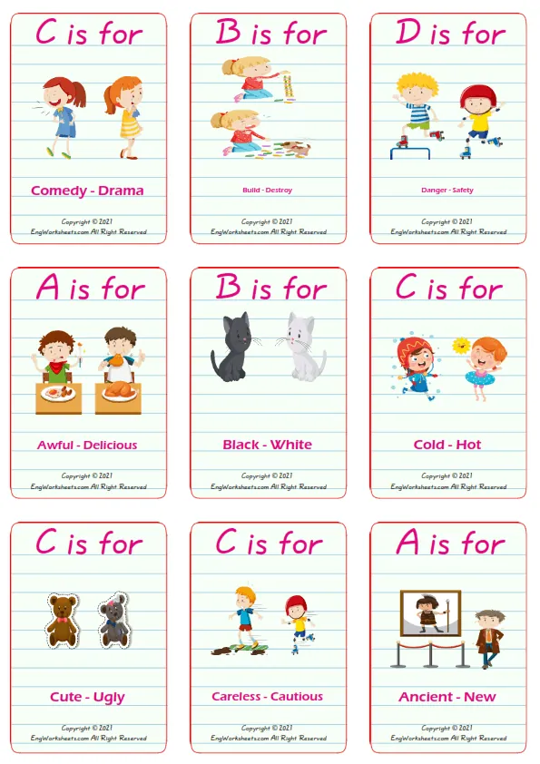 Opposites vocabulary worksheet with words, nine images per page Worksheet Preview