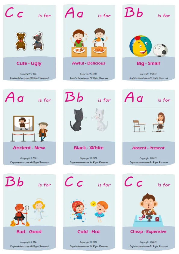 Opposites vocabulary worksheet with words, nine images per page Worksheet Preview
