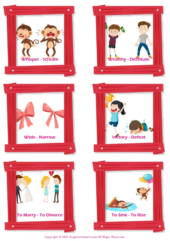 Opposites vocabulary worksheet with words, six images per page Worksheet Preview