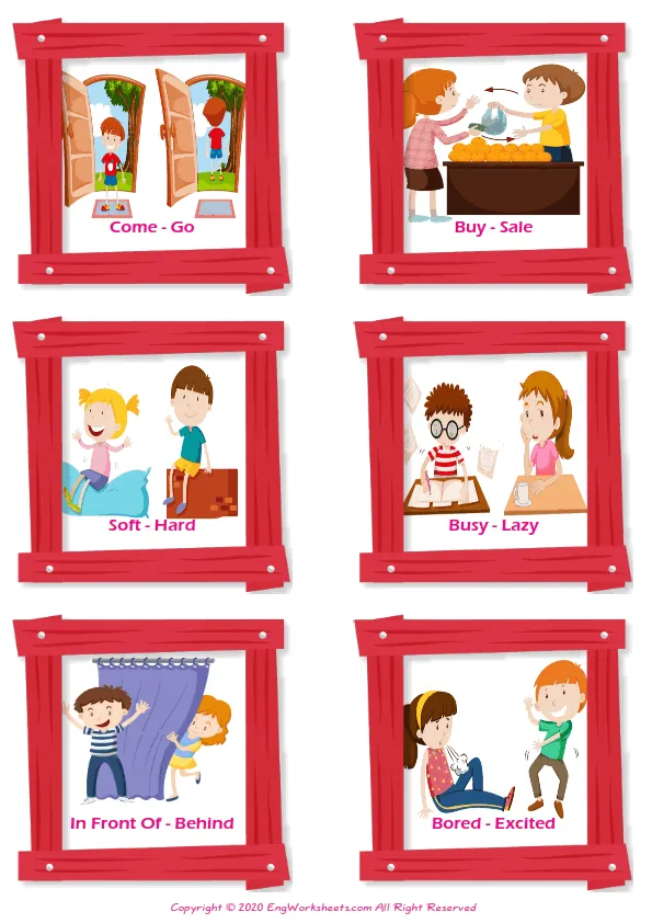 Opposites vocabulary worksheet with words, six images per page Worksheet Preview