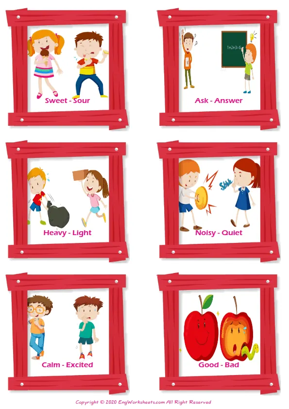 Opposites vocabulary worksheet with words, six images per page Worksheet Preview