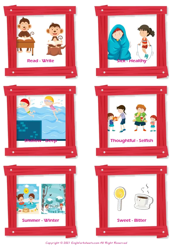 Opposites vocabulary worksheet with words, six images per page Worksheet Preview