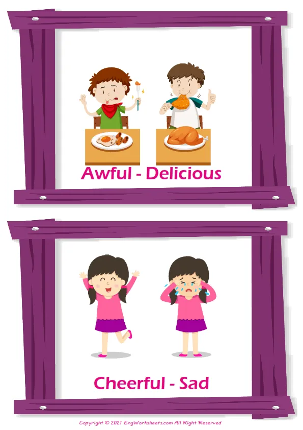 Opposites vocabulary worksheet with words, two images per page Worksheet Preview