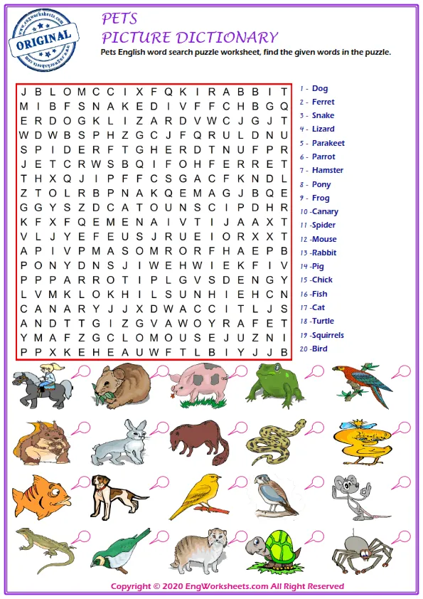 Pets English word search puzzle worksheet, find the given words in the puzzle. Worksheet Preview