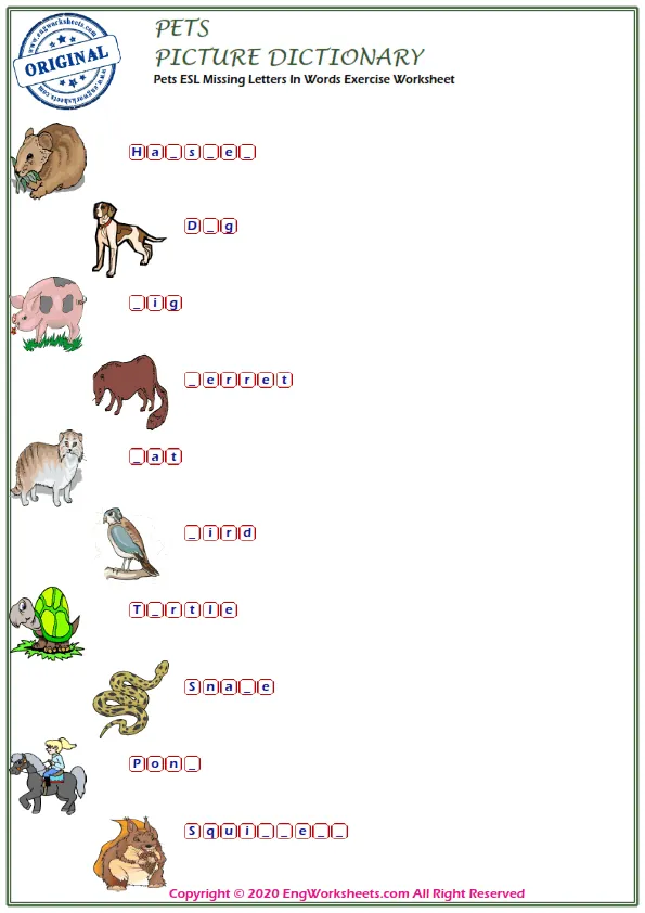 Pets ESL Missing Letters In Words Exercise Worksheet Worksheet Preview
