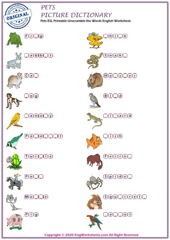 Pets ESL Printable Unscramble the Words English Worksheet. Worksheet Preview