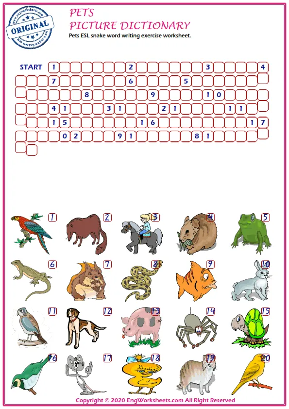 Pets ESL snake word writing exercise worksheet. Worksheet Preview