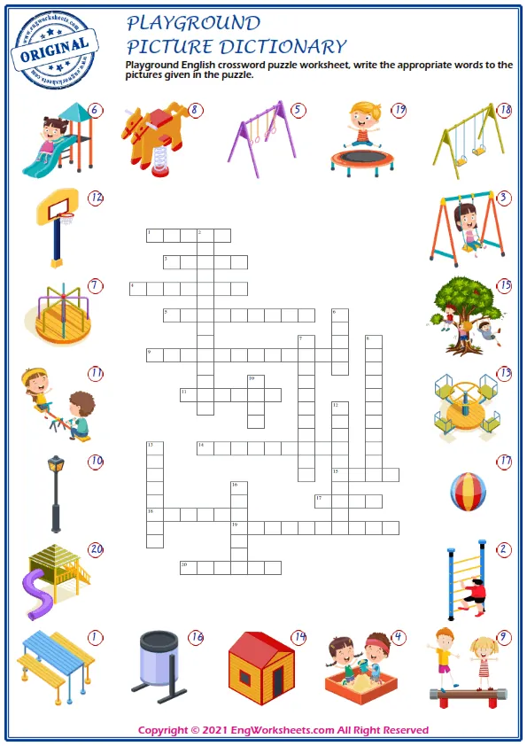 Playground English crossword puzzle worksheet, write the appropriate words to the pictures given in the puzzle. Worksheet Preview