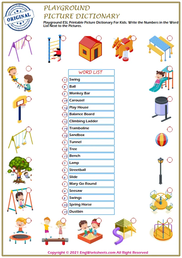 Playground ESL Printable Picture Dictionary For Kids. Write the Numbers in the Word List Next to the Pictures. Worksheet Preview