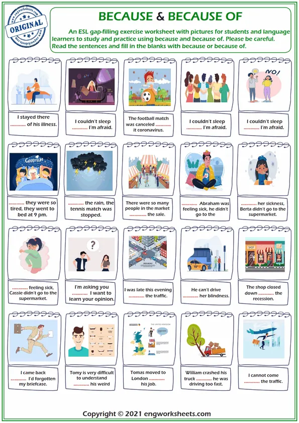 Because Or Because Of Gapfilling Exercise Esl Worksheet For Kids