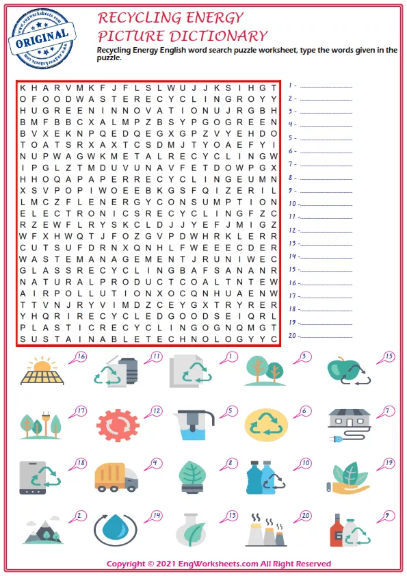 Recycling Energy English word search puzzle worksheet, type the words given in the puzzle. Worksheet Preview