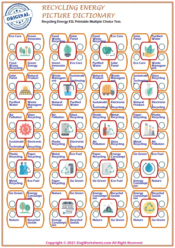 Recycling Energy ESL Printable Multiple Choice Test. Worksheet Preview