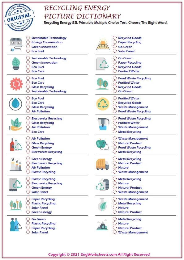 Recycling Energy ESL Printable Multiple Choice Test. Choose The Right Word. Worksheet Preview