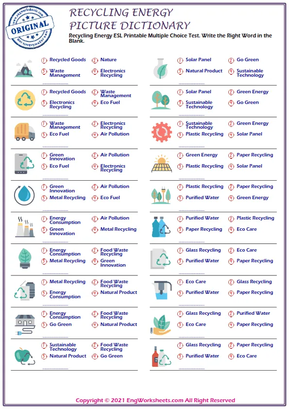 Recycling Energy ESL Printable Multiple Choice Test. Write the Right Word in the Blank. Worksheet Preview