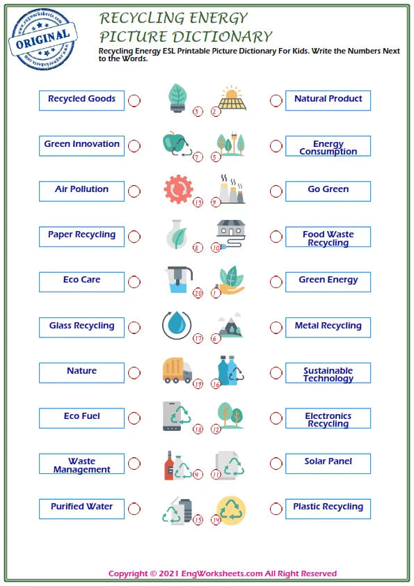 Recycling Energy ESL Printable Picture Dictionary For Kids. Write the Numbers Next to the Words. Worksheet Preview