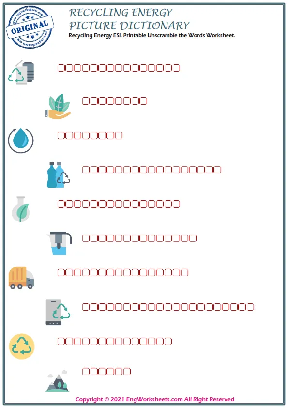 Recycling Energy ESL Printable Unscramble the Words Worksheet. Worksheet Preview