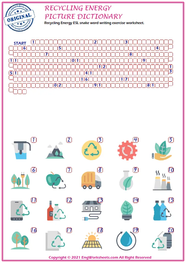 Recycling Energy ESL snake word writing exercise worksheet. Worksheet Preview