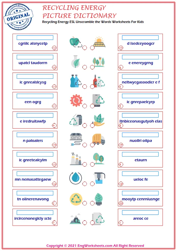 Recycling Energy ESL Unscramble the Words Worksheets For Kids Worksheet Preview