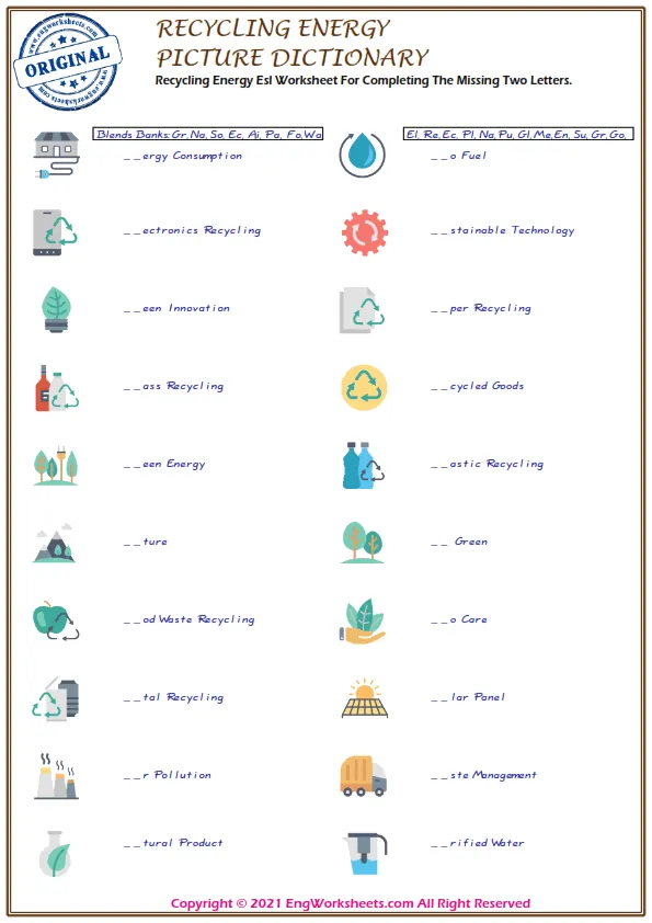 Recycling Energy Esl Worksheet For Completing The Missing Two Letters. Worksheet Preview