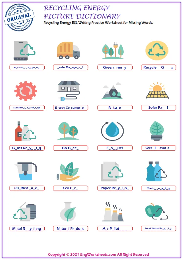 Recycling Energy ESL Writing Practice Worksheet for Missing Words. Worksheet Preview