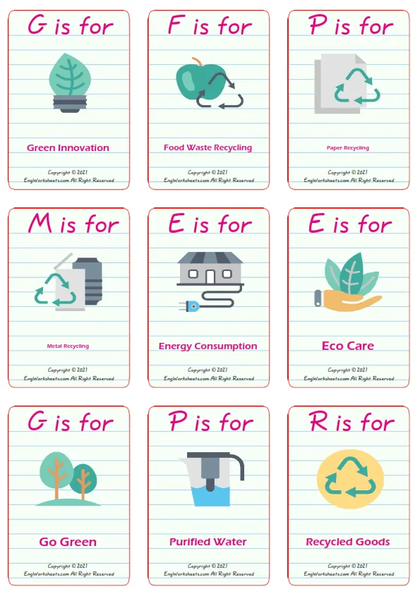 Recycling Energy vocabulary worksheet with words, nine images per page Worksheet Preview