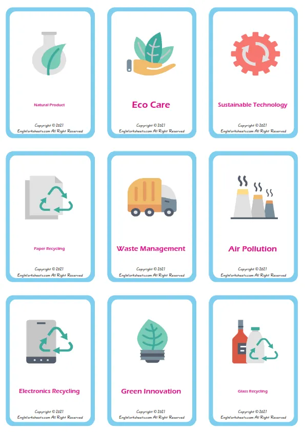 Recycling Energy vocabulary worksheet with words, nine images per page Worksheet Preview