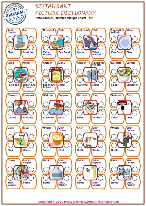 Restaurant ESL Printable Multiple Choice Test. Worksheet Preview